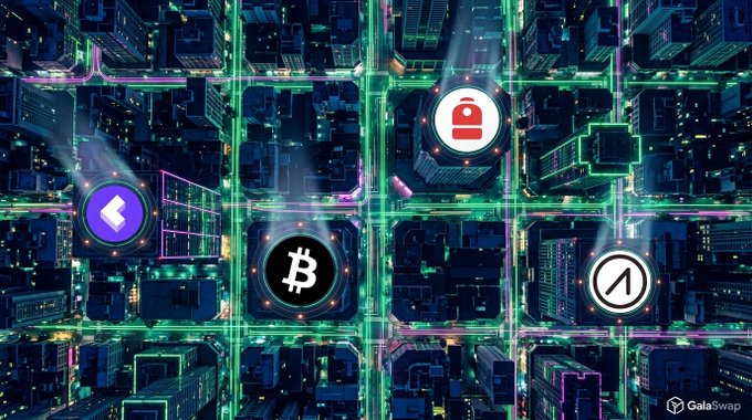 A neon-lit aerial view of a futuristic cityscape showcases illuminated icons for CARV (purple), Bitcoin/BP (orange), and AIOZ (white) embedded among glowing skyscrapers, with the GalaSwap logo in the bottom right corner. The vibrant cyberpunk imagery visually represents the peer-to-peer token swapping capabilities on GalaChain highlighted in the post.