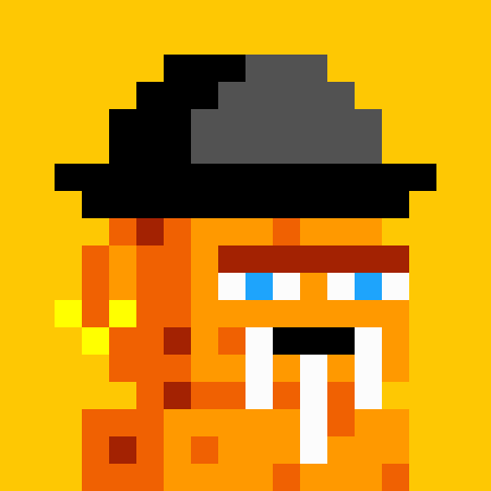 A pixel art character with orange skin, blue eyes, prominent white vampire fangs, wearing a black hat against a yellow background.