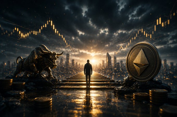 A dramatic dark image of a silhouette standing before a city skyline, flanked by a bronze bull statue on the left and a large Ethereum coin on the right.