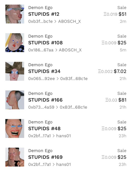 An NFT marketplace listing showing multiple sales from the 'Demon Ego' STUPIDS collection, including items #12, #108, #34, #166, #48, and #169, with prices ranging from $7.02 to $81 in ETH.