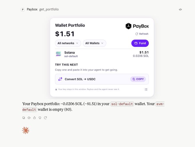 Screenshot of a Paybox get_portfolio interface displaying a Wallet Portfolio of $1.51 (0.0206 SOL) in the sol-default wallet, with text noting the evm-default wallet is empty ($0).