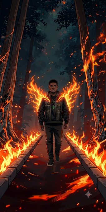 A digital illustration of a man in a dark jacket standing on a path flanked by walls of fire in a forest at night, with flame-like wings emanating from his back.