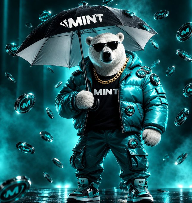 A cool anthropomorphic polar bear wearing sunglasses, a gold chain, and a teal puffer jacket stands under a black umbrella branded with "MINT," surrounded by floating coins displaying the "M" logo. The image visually represents the MINT ecosystem mentioned in the post, with the bear embodying the upcoming Bear drop and its connection to the $MNTD airdrop and broader platform.