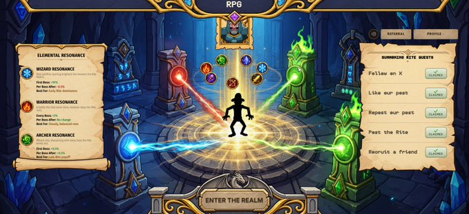 A video game RPG interface showing elemental resonance stats on the left, 'Summoning Rite Quests' including 'Follow an X' and 'Like our post' on the right, and an 'Enter the Realm' button at the bottom.