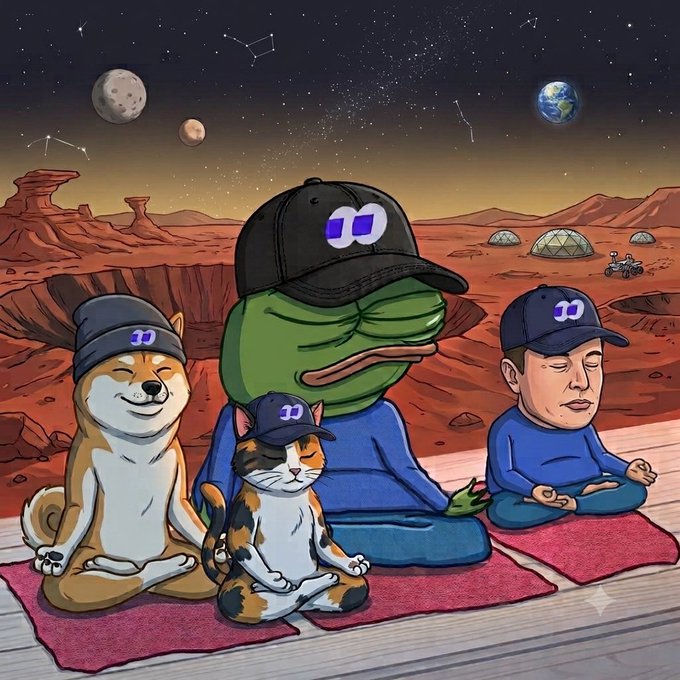 A cartoon illustration of the Pepe the Frog character meditating alongside a Shiba Inu dog, a calico cat, and a human figure, all wearing hats with a purple infinity-like symbol, set against a Mars-like landscape with a starry sky.