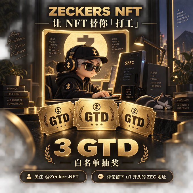 A promotional graphic for 'ZECKERS NFT' shows an anime-style character working at a computer, with text in Chinese and English advertising a '3 GTD' whitelist lottery.