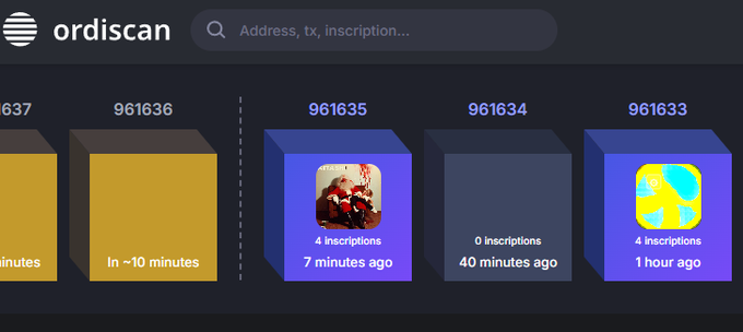 A screenshot of the 'ordiscan' website showing block numbers including 961635 and 961634, noting inscription counts and time stamps like '7 minutes ago' and '40 minutes ago'.