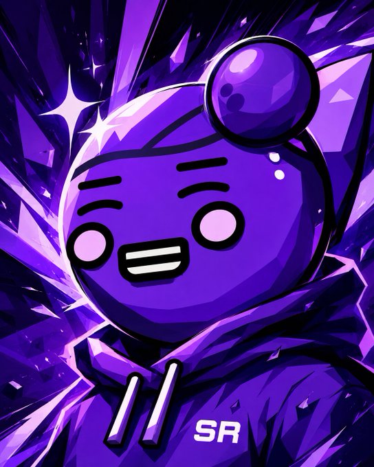 An anime-style digital illustration of a purple character with a small spherical ponytail, big pink cheeks, and a wide smile, wearing a purple hoodie marked with 'SR' against a dynamic crystalline background.