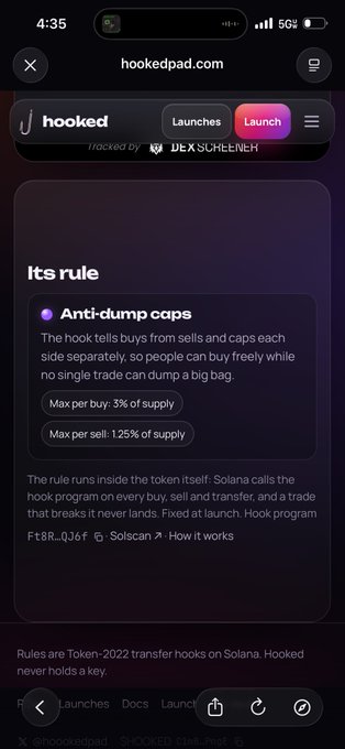 A mobile screenshot of hookedpad.com displaying the 'j hooked' token page, which features an 'Anti-dump caps' rule: Max per buy 3% of supply, Max per sell 1.25% of supply, built on Solana.