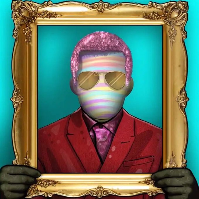 A vibrant digital portrait in an ornate gold frame depicts a stylish figure with a pink glittery haircut, aviator sunglasses, and a blurred rainbow-striped face, wearing a red suit with a magenta tie. Two black-gloved hands hold the frame against a teal background, capturing the suave, flashy aesthetic associated with the GoodFellasNFT collection referenced in the post.