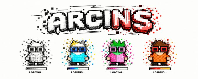 Pixel art-style graphic with 'ARCINS' lettering and four cartoon characters (a robot, king, princess, and what appears to be a cowboy) all showing 'LOADING...' progress bars.