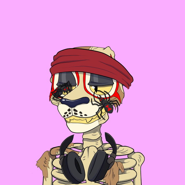 A cartoonish illustration of a skeleton wearing a red headband and black headphones around its neck, with black widow spiders emerging from its eye sockets, set against a solid pink background.