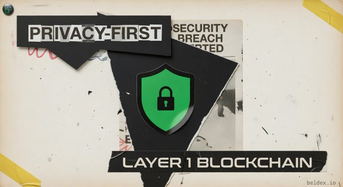 Beldex promotional graphic featuring a green padlock shield icon between torn-paper banners reading 'PRIVACY-FIRST' and 'LAYER 1 BLOCKCHAIN', with a 'SECURITY BREACH REPORTED' newspaper clipping in the background.