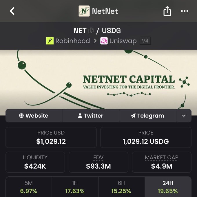A mobile interface showing cryptocurrency token information for NET/USDG via Uniswap V4, branded as NETNET CAPITAL, displaying a price of $1,029.12 and various market metrics.