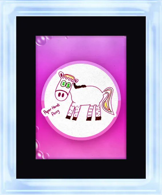 A digital illustration of a white pony with a rainbow mane and tail inside a circular frame on a pink background, labeled 'Paper Hands Pony'.