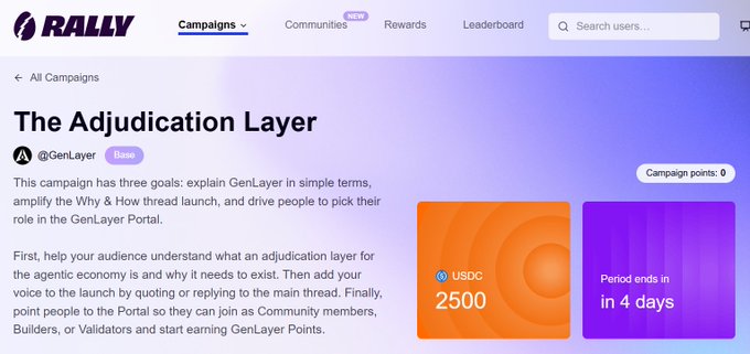 A Rally.io campaign page titled "The Adjudication Layer" by @GenLayer offering a 2,500 USDC reward pool with the period ending in 4 days, supporting a post highlighting GenLayer's role as the first flagship protocol on Rally for settling AI agent disputes.
