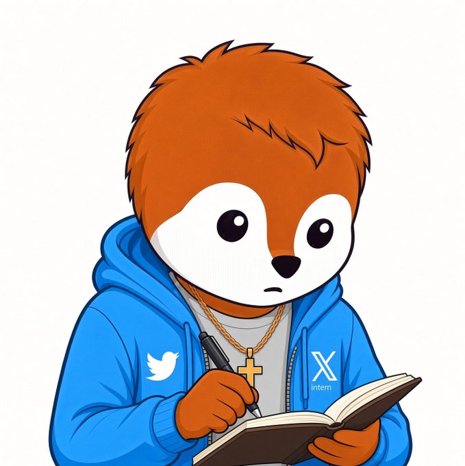 A cartoon illustration of a fox-like mascot character with orange fur wearing a blue hoodie featuring Twitter and X logos, a gold cross necklace, and writing in a notebook with a pen.