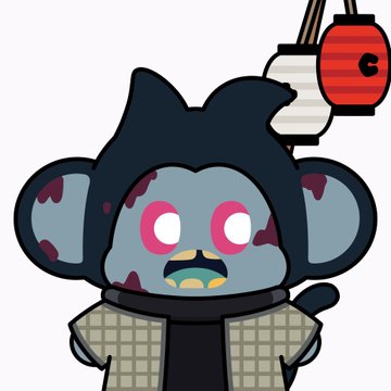 A cartoon illustration features a grey, zombie-like character with pink eyes and a dark hood, wearing a checkered coat and holding red and white lanterns.