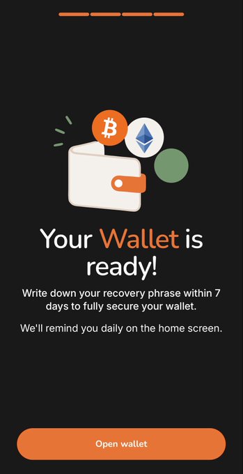 A dark-themed mobile app screen for a cryptocurrency wallet featuring icons for Bitcoin and Ethereum, stating 'Your Wallet is ready!' and prompting the user to write down their recovery phrase within 7 days.