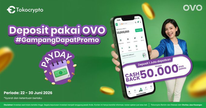 The image features a woman holding up her phone with a gold coin attached, possibly showing off some money she has received as a reward or payment for something. The background of the image is green, which complements the gold coin. The text on the image includes the words "Payday", "deposit pakai OVO", and "50,000* OVO points". This suggests that the woman might be promoting an offer related to a cashback or reward program for using a specific mobile payment method, such as a credit card or mobile wallet.