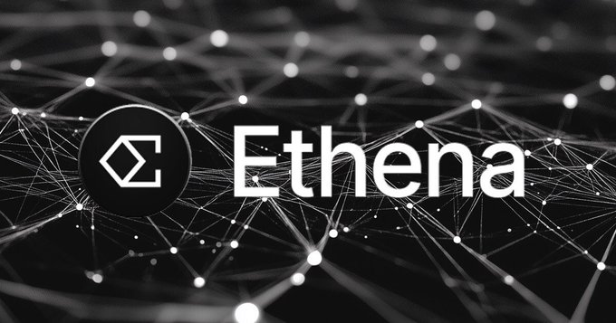 The image displays the Ethena logo and name against a black network-themed background, representing the Ethena protocol mentioned in the post discussing its proposed 95% revenue buyback mechanism for the $ENA token once $USDe reaches a $7.5B supply milestone.