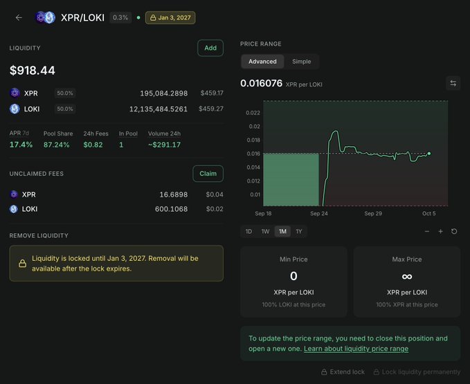 A DeFi liquidity pool dashboard for the XPR/LOKI trading pair showing $918.44 in liquidity, a 0.3% fee tier, APR of 17.4%, and a price chart indicating 0.016076 XPR per LOKI with liquidity locked until Jan 3, 2027.