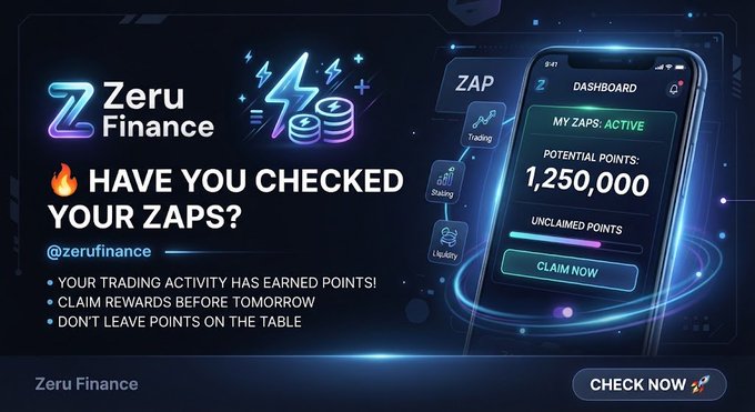 A promotional graphic for 'Zeru Finance' encouraging users to claim 'ZAP' points, showing a mobile dashboard with '1,250,000' potential points and a 'CLAIM NOW' button.