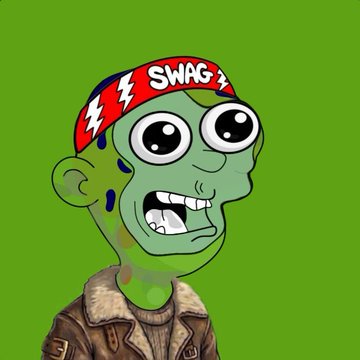 A cartoon zombie character with green skin, large expressive eyes, wearing a red 'SWAG' headband and a brown leather jacket, set against a solid green background.