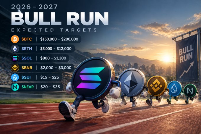 A promotional “2026–2027 BULL RUN” graphic lists expected targets: $BTC $150,000–$200,000, $ETH $8,000–$12,000, $SOL $800–$1,300, $BNB $2,000–$3,000, $SUI $15–$25, and $NEAR $20–$35.