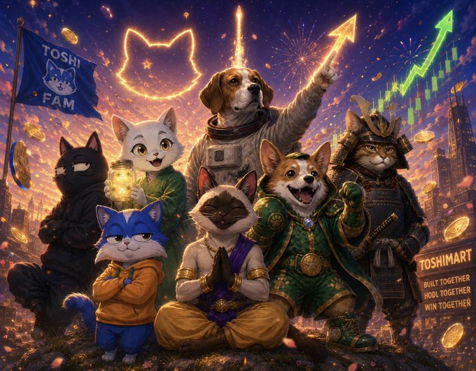 A group illustration of anthropomorphic cats and dogs in various costumes (samurai, monk, astronaut) under a "TOSHI FAM" flag, with fireworks, gold coins, and a green rising chart, labeled "TOSHIMART" with the tagline "BUILT TOGETHER, HOLD TOGETHER, WIN TOGETHER."