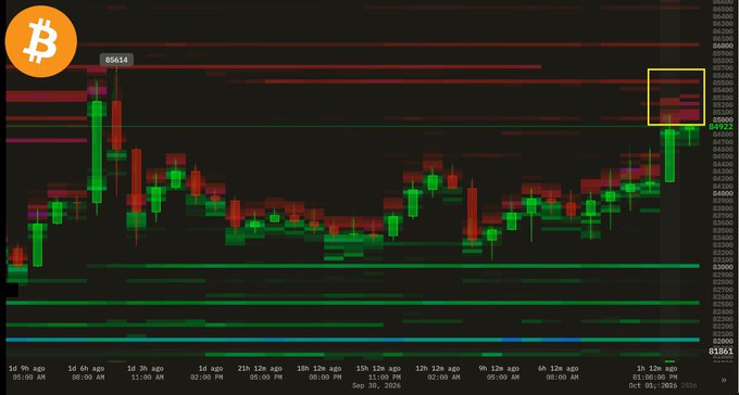 A Bitcoin price chart on Binance showing a sharp upward price spike highlighted by a yellow rectangle on the right side, with timestamped candles from September 2024.