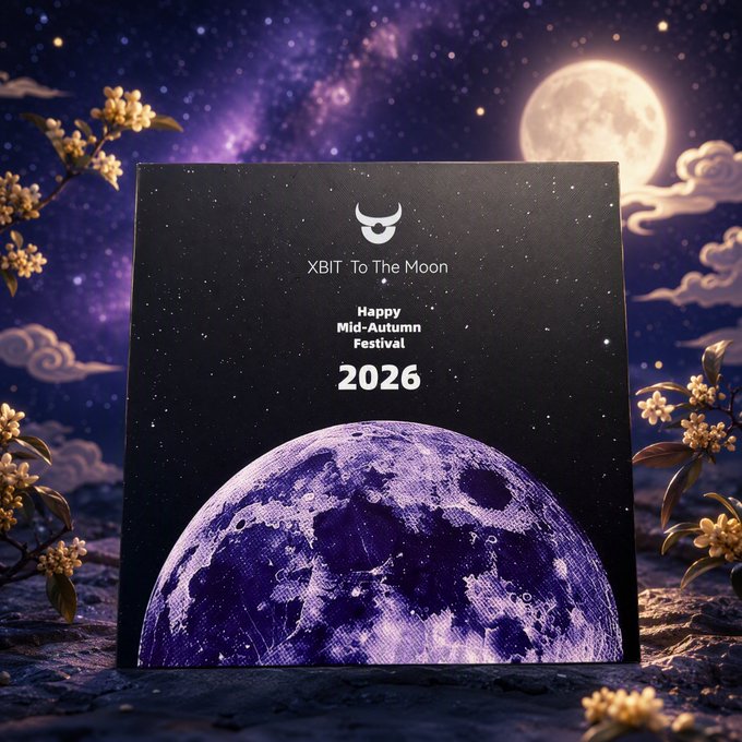 A Mid-Autumn Festival greeting card from 'XBIT' reading 'XBIT To The Moon' and 'Happy Mid-Autumn Festival 2026', set against a starry night with a large moon and osmanthus flowers.