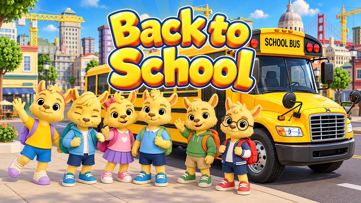 A vibrant cartoon illustration titled 'Back to School' featuring six yellow animal characters with backpacks standing in front of a yellow school bus.