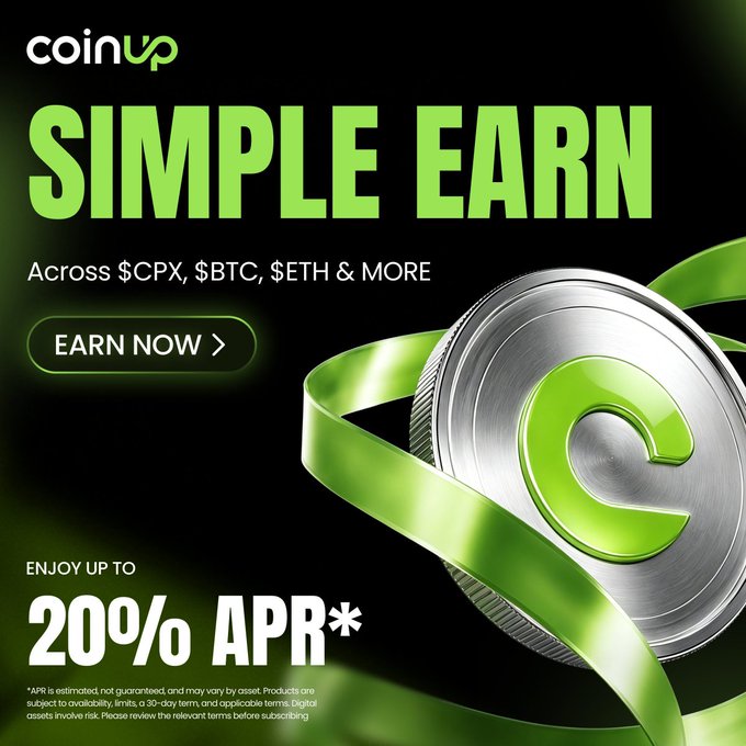 CoinUp Simple Earn promotional graphic featuring a silver coin with the CoinUp logo wrapped in green ribbon, advertising "Up to 20% APR*" earnings across $CPX, $BTC, $ETH and more, complementing the post's message about flexible crypto earning opportunities.