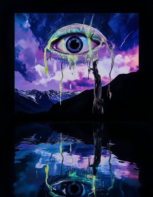 A surreal digital artwork featuring a large melting eye dripping neon green fluid against a purple and blue cloudy sky, with its reflection in dark water below.