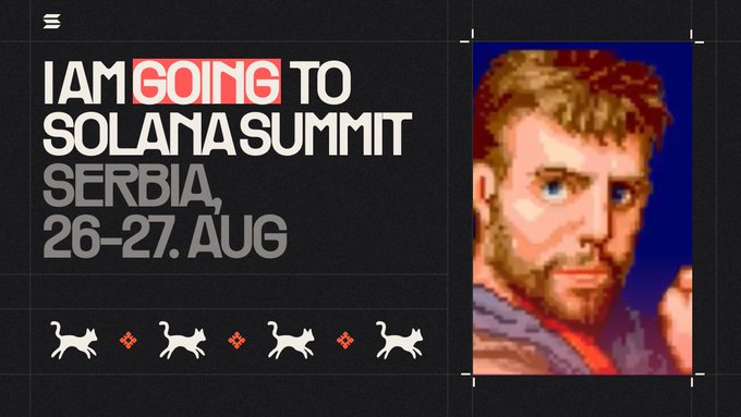 A graphic announcing 'I AM GOING TO SOLANA SUMMIT SERBIA, 26-27. AUG' featuring a pixelated portrait of a bearded man and walking dog icons.