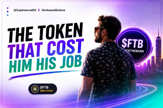 A promotional graphic for '$FTB' on BNB Chain featuring a man in sunglasses and a patterned shirt, with text reading 'THE TOKEN THAT COST HIM HIS JOB' by @Captmarvel02 x DevbasedSolana.