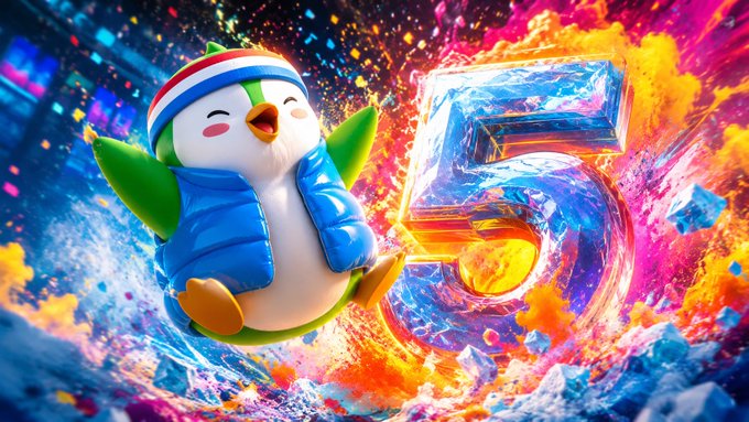 Vibrant 3D illustration of a cute penguin character wearing a red, white, and blue headband and blue jacket, posing energetically next to a large icy number '5' surrounded by colorful powder explosions and confetti.