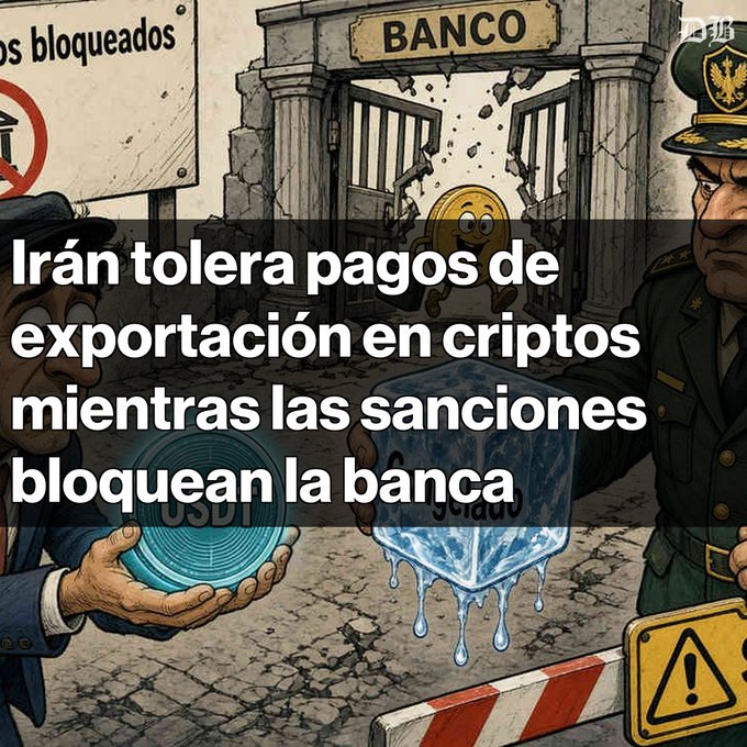 A cartoon illustration depicts a cracked 'BANCO' building and cryptocurrency coins (USDT) with Spanish text reading 'Irán tolera pagos de exportación en cryptos mientras las sanciones bloquean la banca.'
