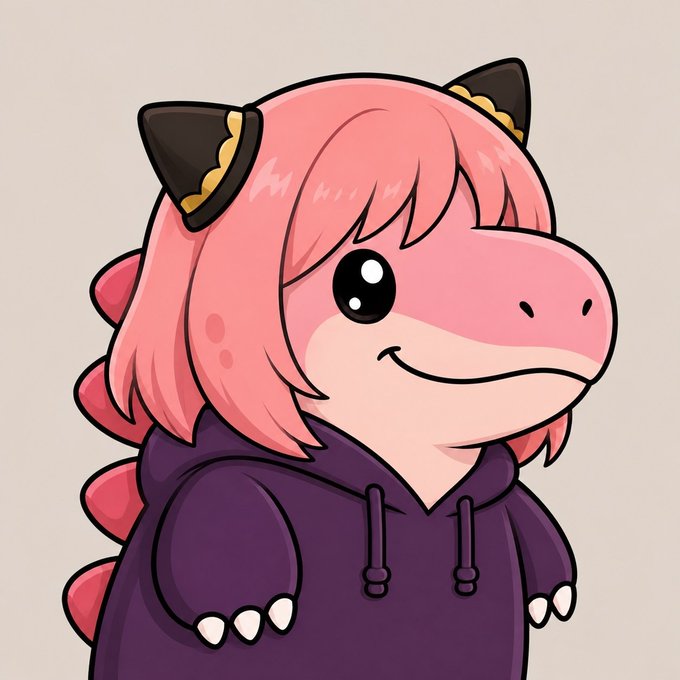 A chibi-style cartoon illustration of a pink dinosaur-like character wearing a purple hoodie with black horns.