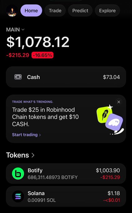 A screenshot of a trading app (likely Robinhood) showing a portfolio value of $1,078.12 with a -$215.29 (-16.65%) loss, featuring holdings of 686,311.49 BOTIFY tokens (valued at $1,003.90) and 0.00991 Solana (~$1.18).