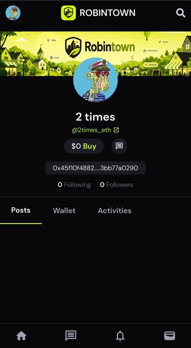 A screenshot of a social media profile for 'ROBINTOWN' on a platform, showing a username '2 times' (@2times_eth), a 'Buy' button, and a contract address.