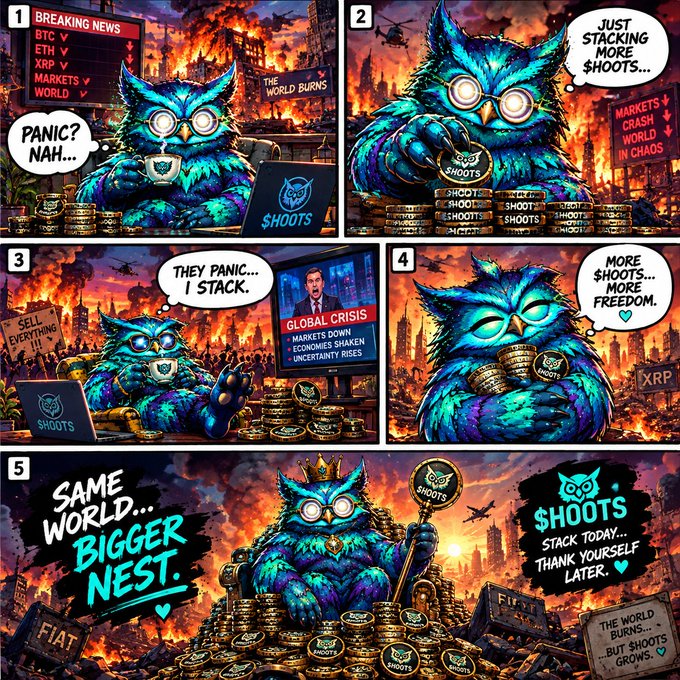 A five-panel comic strip featuring a blue owl character named '$HOOTS' calmly stacking coins amidst a burning world, with speech bubbles reading 'PANIC? NAH...', 'JUST STACKING MORE $HOOTS...', 'THEY PANIC... I STACK.', 'MORE $HOOTS... MORE FREEDOM.', and 'SAME WORLD... BIGGER NEST.'