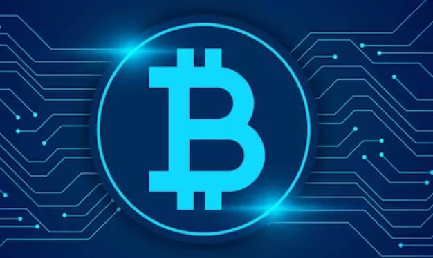 A glowing blue Bitcoin logo centered on a circuit board design.