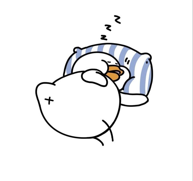 A cute cartoon illustration of a round white bear-like character sleeping with its head on a blue and white striped pillow, with 'Z's floating above.