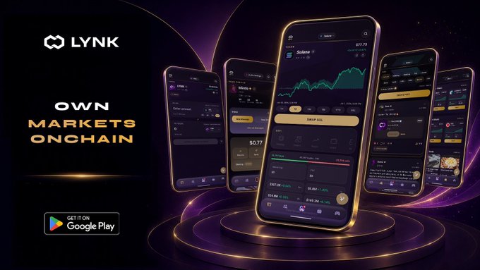A promotional banner for the Lynk app featuring multiple smartphone screens displaying Solana ecosystem features like SOL trading charts at $77.73, token swaps, wallet balances, and marketplace interfaces, alongside the LYNK logo and tagline "Own Markets Onchain" with a Google Play download badge. The image visually reinforces the post's message by showcasing the all-in-one creator economy platform built on Solana, highlighting integrated features like wallets, swaps, and marketplaces in a single app interface.