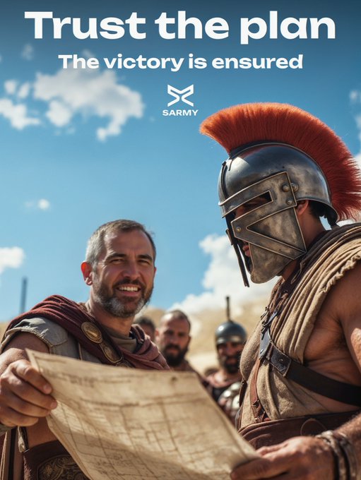 A meme-style image showing two men in ancient Roman/Greek attire looking at a scroll, with text reading 'Trust the plan - The victory is ensured' and a 'SARMY' logo.