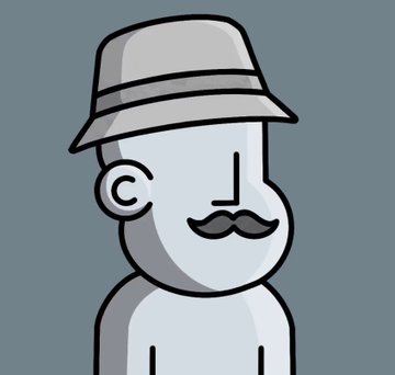 A simple cartoon illustration of a gray character with a mustache wearing a white fedora hat against a solid gray-blue background.