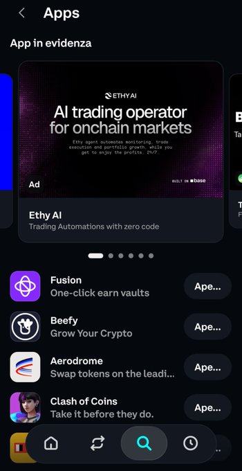 A mobile app store screenshot shows an advertisement for 'Ethy AI' as an 'AI trading operator for onchain markets', alongside other featured apps including Fusion, Beefy, Aerodrome, and Clash of Coins.