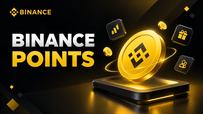A promotional graphic for Binance Points featuring a large gold Binance coin on a dark pedestal with floating reward icons (charts, gifts, people).